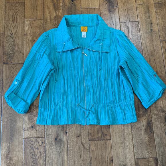 Ruby Rd. Jackets & Blazers - Ruby Rd. Womens Shiny Teal Rayon Blend Roll Tab Sleeve Zip-Up Jacket Sz 18